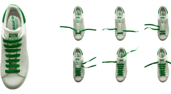 Vita Adidas Stan Smith-skor med gröna skosnören i olika steg av snörning.