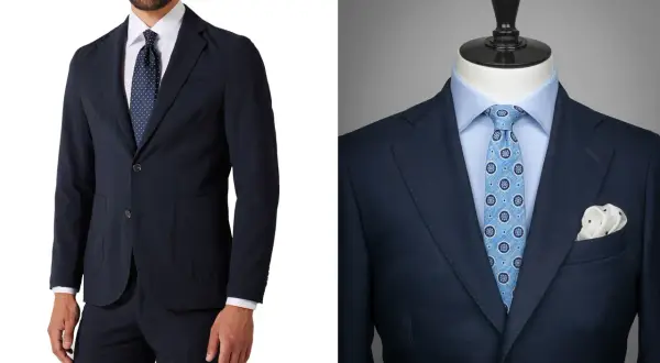 Mörkblå kostym med mönstrad slips. En stilfull kombination för den moderna mannen, oavsett om det är slips eller fluga som gäller.