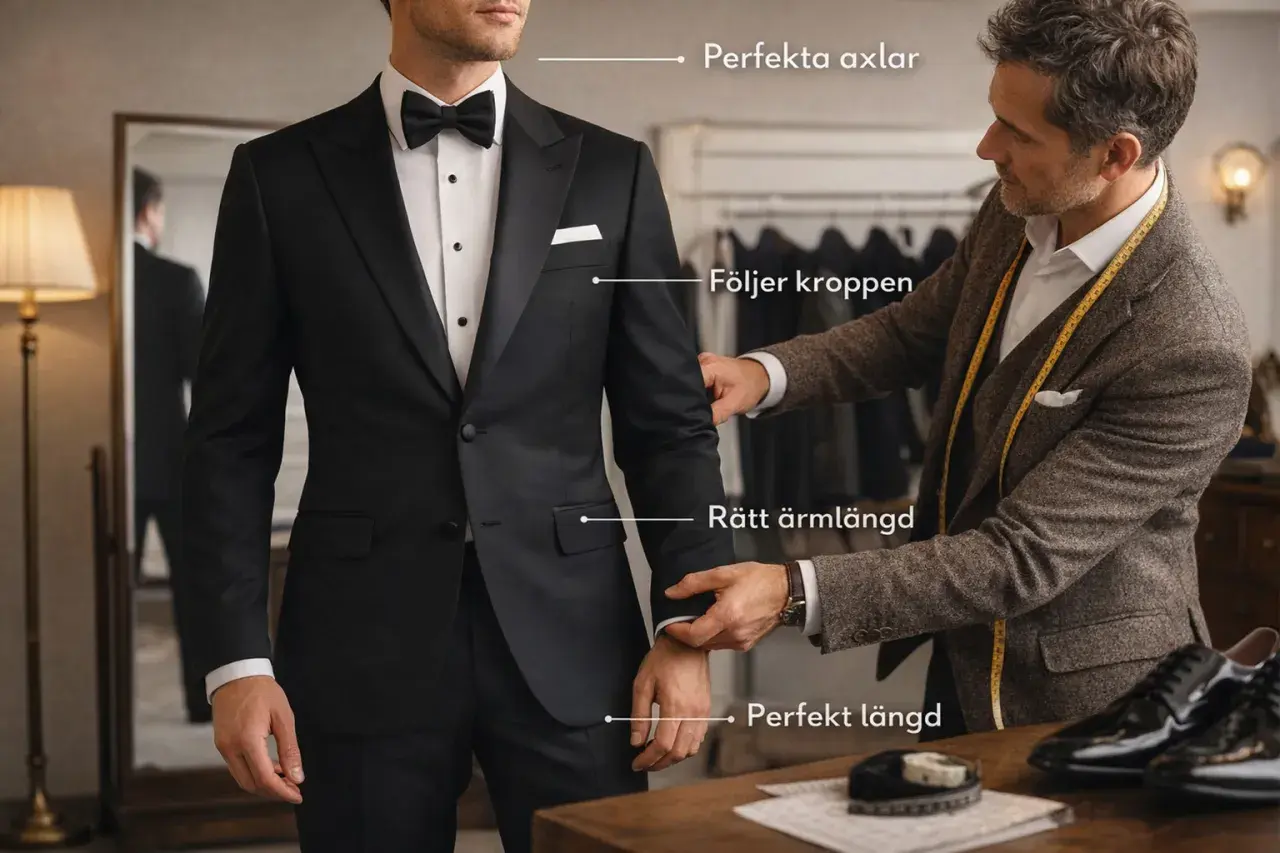 En skräddare justerar en smoking för perfekt passform. En guide till dresscode smoking.