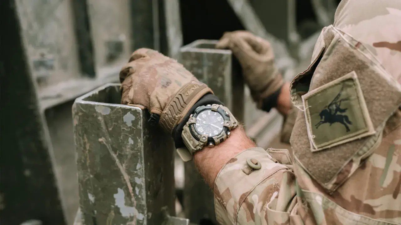En soldat med moderna klockor på handleden, klädd i kamouflageuniform, håller i en metallkonstruktion.