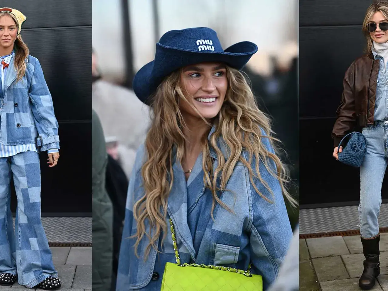 Tre kvinnor visar upp sina denimlooks. En bär en hel outfit i gul och blå jeans, en annan en cowboyhatt och jacka i jeans, och den tredje en brun jacka över jeans.