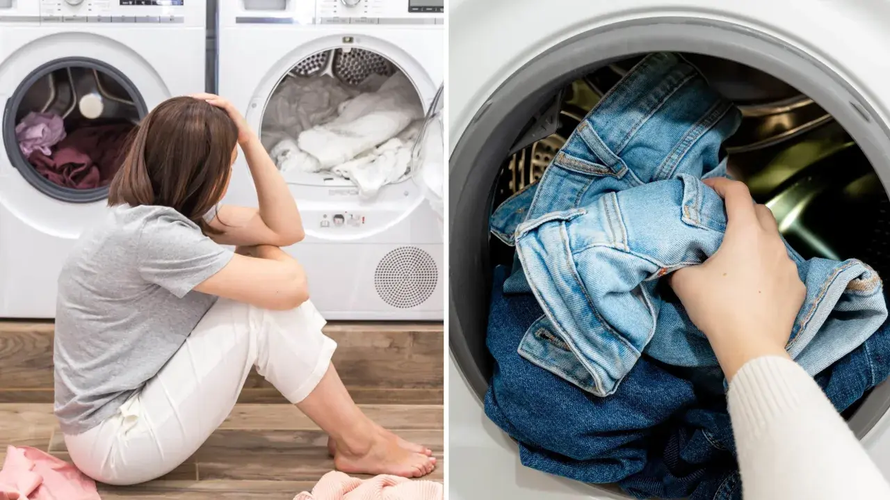 Trött kvinna sitter vid en torktumlare. En hand stoppar in jeans i en annan torktumlare. Torktumla polyester kan vara knepigt.