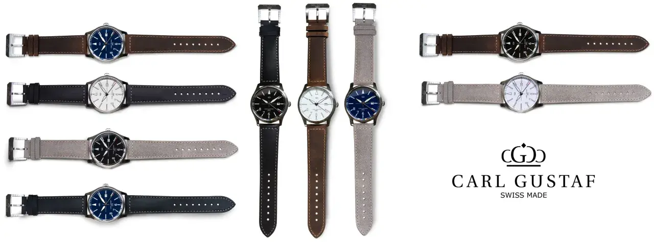 Flera Carl Gustaf watches med olika urtavlor och armband i läder och mocka. En logotyp med texten "CARL GUSTAF SWISS MADE" syns också.