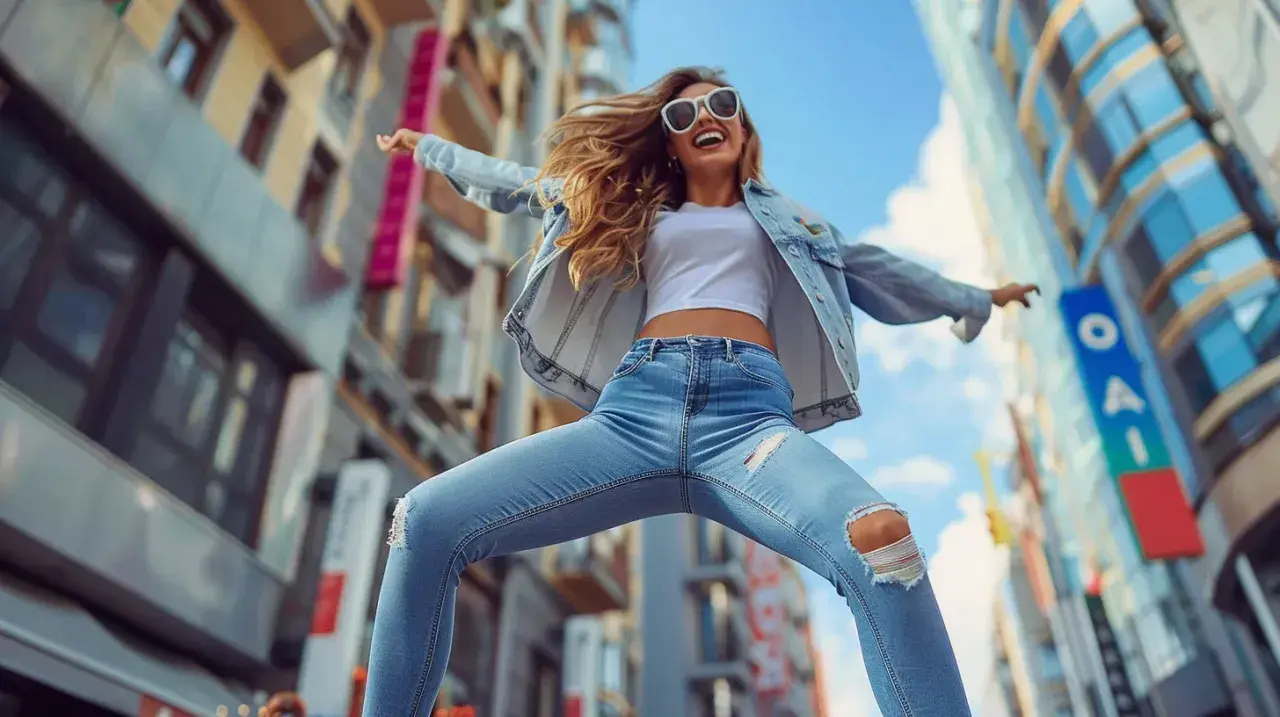 Glad kvinna i trasiga jeans hoppar i stadsmiljö. Frågan "hur långa ska jeans vara" besvaras med denna trendiga, ankellånga modell.