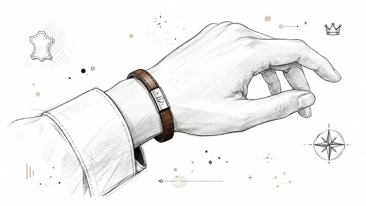 En hand med ett stilrent armband herr i brunt läder. Illustrationen har en skissad känsla med detaljer som läderprov och kompassros.