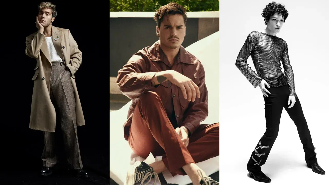 Tre manliga influencers visar upp sina unika stilar inom mode. En bär en beige rock och rutiga byxor, en annan en brun läderjacka och rostfärgade byxor, och den tredje en glittrig topp och svarta byxor.
