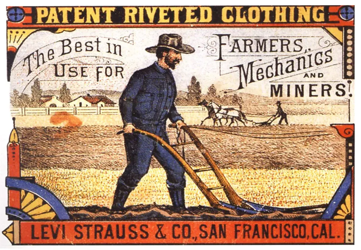 En bonde plöjer åkern i slitstarka kläder, en del av jeans historia. Levi Strauss & Co. San Francisco.