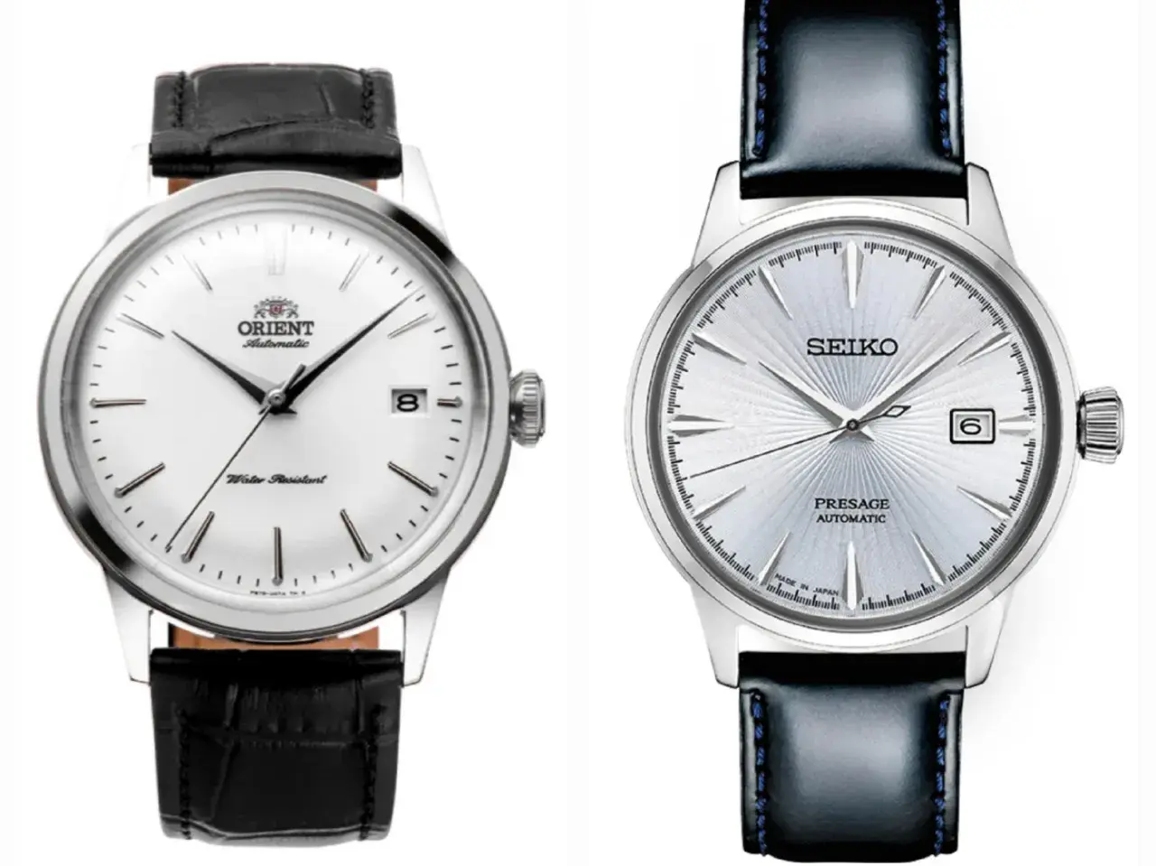 Två eleganta armbandsur: en vit urtavla med datum från Orient, en klassisk orient star, och en silverfärgad med solborstat mönster från Seiko.