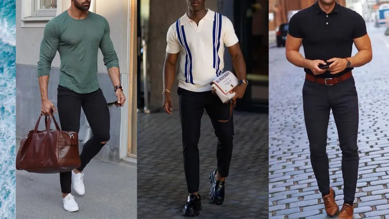 Tre män visar upp olika stilar. Den första har en grön tröja och svarta jeans, vilket visar vad casual betyder. Den andra bär en randig pikétröja och den tredje en svart pikétröja.