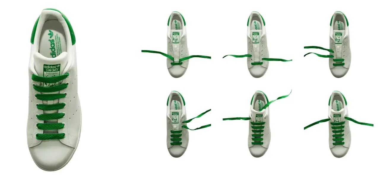 Vita Adidas Stan Smith-skor med gröna skosnören i olika steg av snörning.