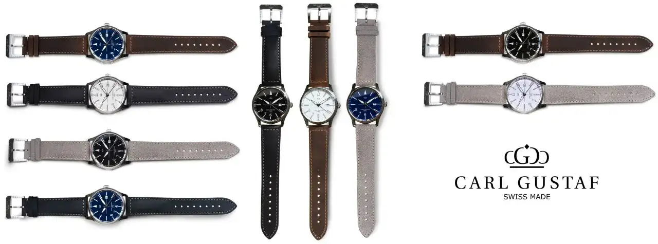 Flera Carl Gustaf watches med olika urtavlor och armband i läder och mocka. En logotyp med texten "CARL GUSTAF SWISS MADE" syns också.