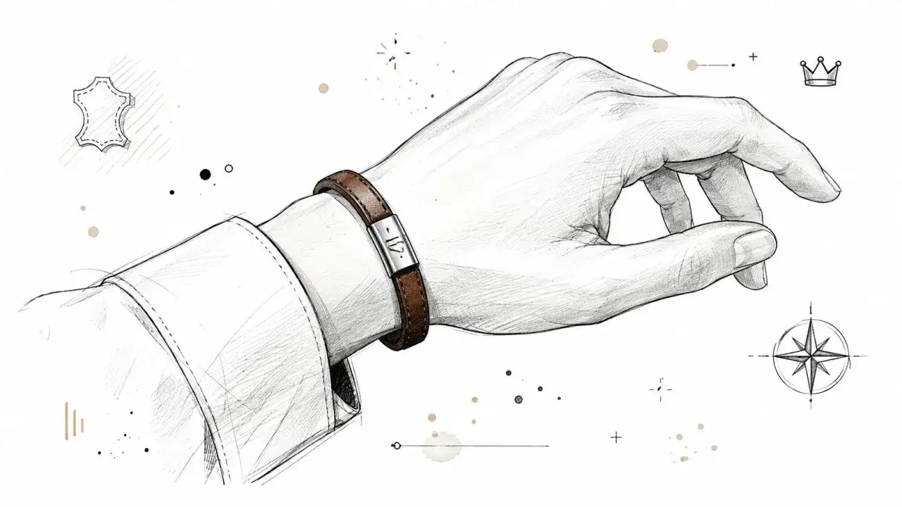 En hand med ett stilrent armband herr i brunt läder. Illustrationen har en skissad känsla med detaljer som läderprov och kompassros.