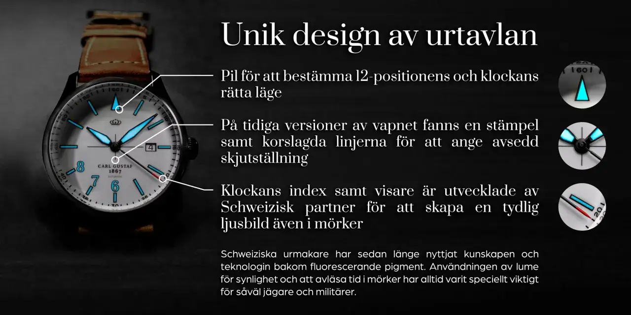 En Carl Gustaf klocka med lysande visare och index, perfekt för mörker.