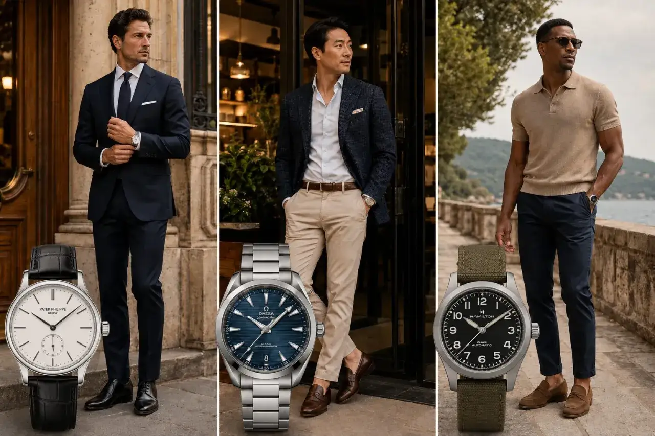 Tre stiliga män visar upp de bästa herrklockor. En i kostym med Patek Philippe, en i kavaj med Omega, och en i pikétröja med Hamilton.