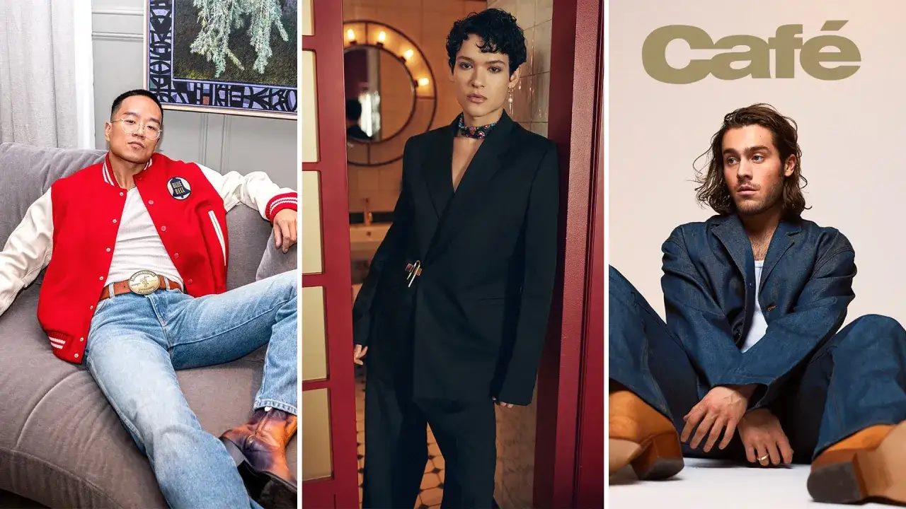 Tre m&auml;n visar upp olika stilar inom manliga influencers mode. En b&auml;r en bomberjacka, en annan en elegant svart kostym och den tredje en jeanskostym.