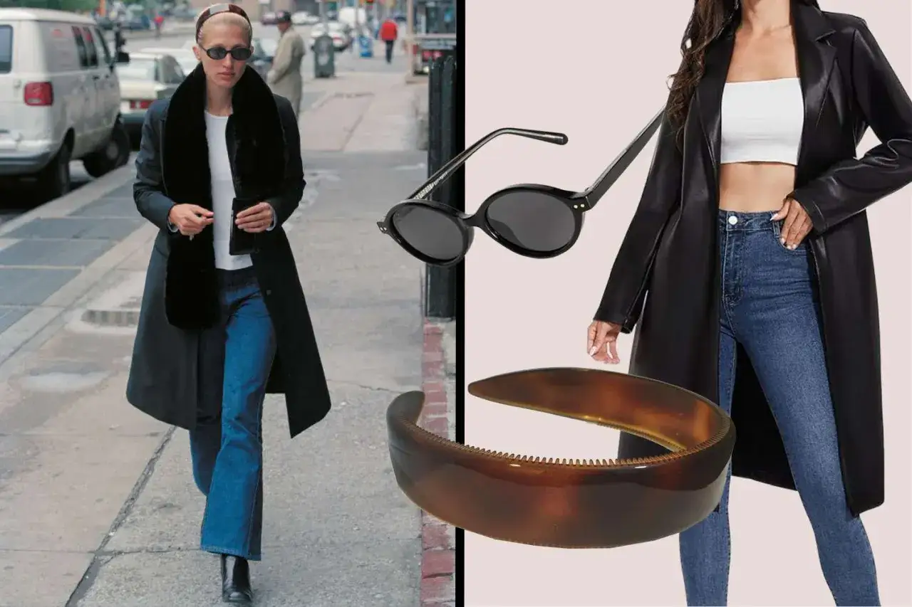 Carolyn Bessette Kennedy i en tidlös outfit med pälsdetaljer, jeans och solglasögon. Bredvid syns accessoarer som inspirerar till hennes stil.