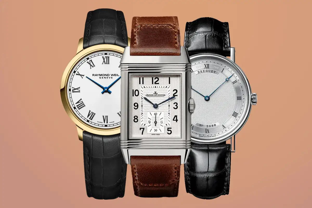 Tre klassiska herrur med läderarmband: en guldfärgad Raymond Weil, en silverfärgad Jaeger-LeCoultre och en Breguet. Orient star classic.