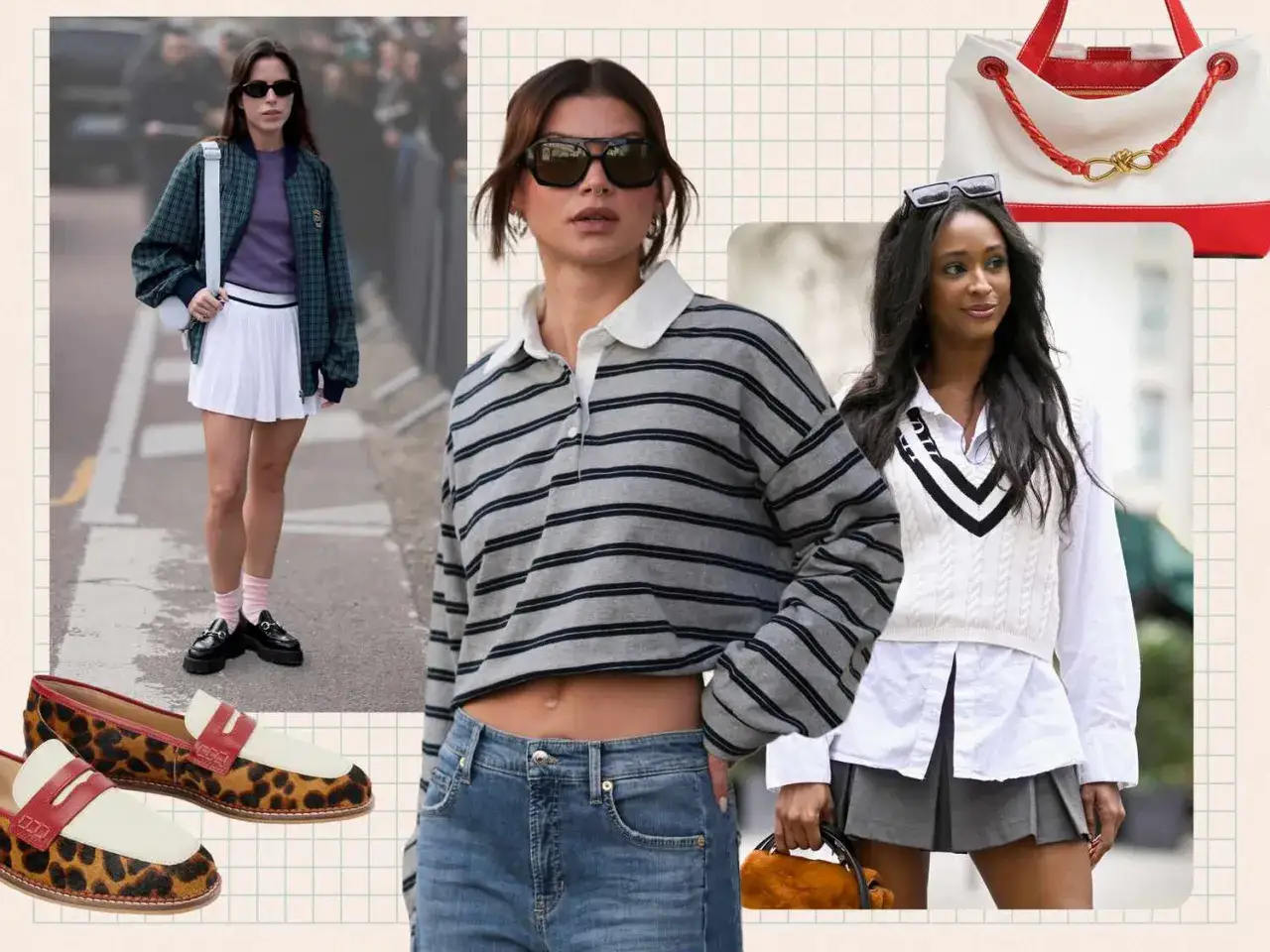 Kl&auml;der i preppy stil: rutig jacka, veckad kjol, randig tr&ouml;ja, vit skjorta med v&auml;st och leopardm&ouml;nstrade loafers.