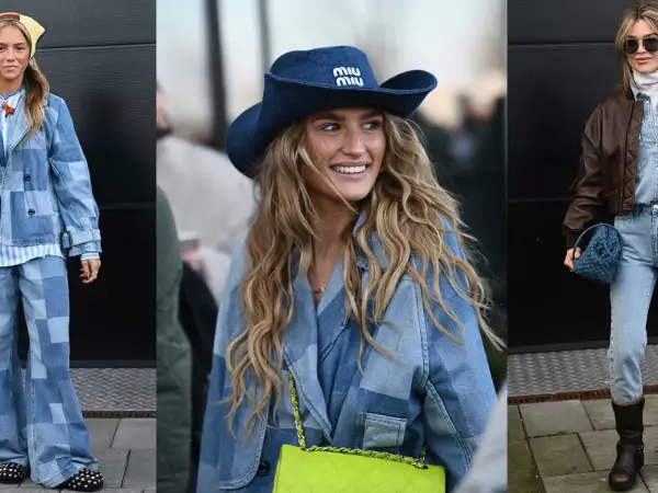 Tre kvinnor visar upp sina denimlooks. En bär en hel outfit i gul och blå jeans, en annan en cowboyhatt och jacka i jeans, och den tredje en brun jacka över jeans.