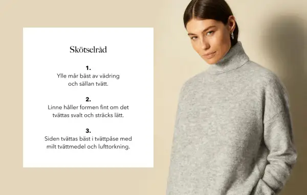 En kvinna bär en grå polotröja i mjukt linne material. Skötselråd för kläder visas bredvid.