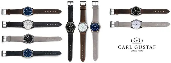 Flera Carl Gustaf watches med olika urtavlor och armband i läder och mocka. En logotyp med texten "CARL GUSTAF SWISS MADE" syns också.