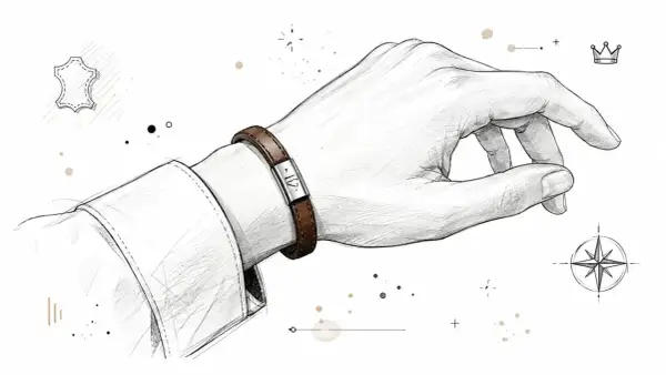 En hand med ett stilrent armband herr i brunt läder. Illustrationen har en skissad känsla med detaljer som läderprov och kompassros.
