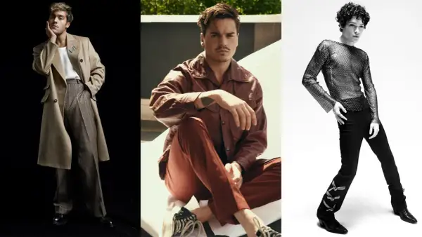 Tre manliga influencers visar upp sina unika stilar inom mode. En bär en beige rock och rutiga byxor, en annan en brun läderjacka och rostfärgade byxor, och den tredje en glittrig topp och svarta byxor.
