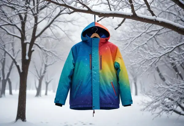 Färgglad jacka med stjärnmönster hänger på en gren i snöig skog. Reflexer på benen syns inte, men jackan är redo för äventyr.