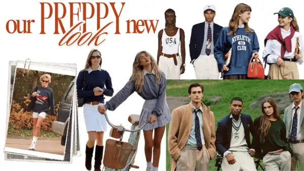 Kläder i preppy stil: unga människor i kavajer, tröjor och kjolar. En kvinna i träningskläder, en annan på cykel.