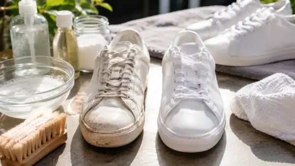 Två vita sneakers, en smutsig och en nyvättad, bredvid rengöringstillbehör. Perfekt för skovård.