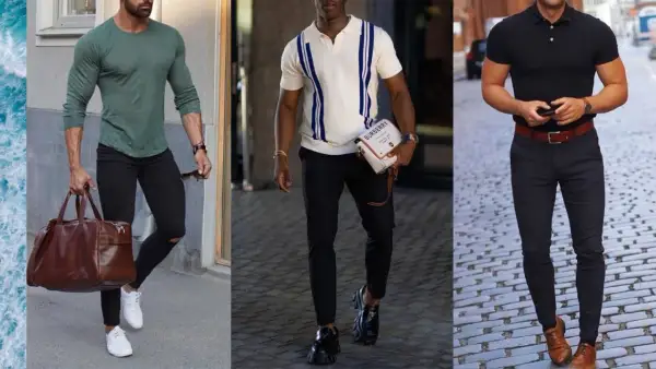 Tre män visar upp olika stilar. Den första har en grön tröja och svarta jeans, vilket visar vad casual betyder. Den andra bär en randig pikétröja och den tredje en svart pikétröja.