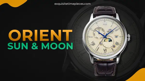 Orient Sun & Moon-klocka med elegant urtavla som visar dag, datum och en sol- och månfönster.
